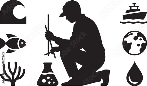 Ecologist Silhouette Examining Water with Marine Elements on a See-Through Background