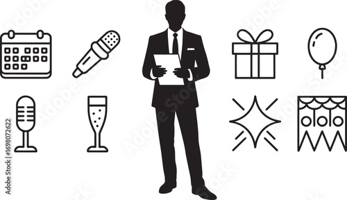 Event Planner Silhouette with Calendar, Microphone, Gift, Balloon, and Champagne Icons Set