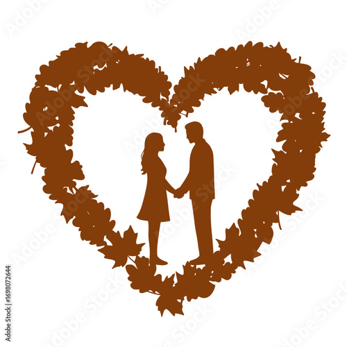Vector art of silhouette of a couple holding hands inside a heart made of autumn leaves