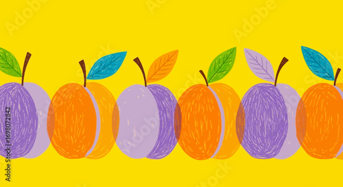 Vibrant row of colorful hand drawn stylized fruit illustration.