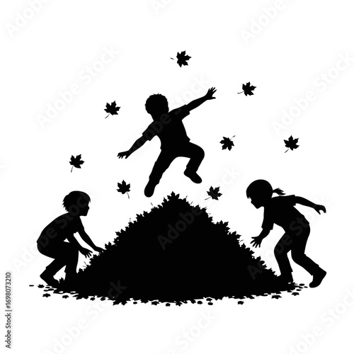 Vector art of children jumping in a pile of leaves in silhouette