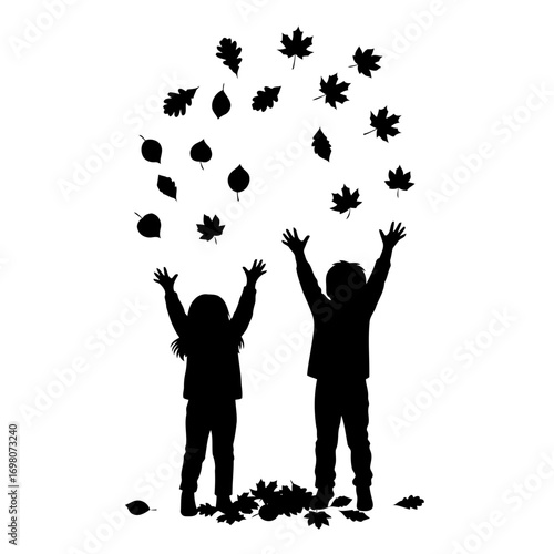 Vector art of silhouette of children throwing leaves in the air