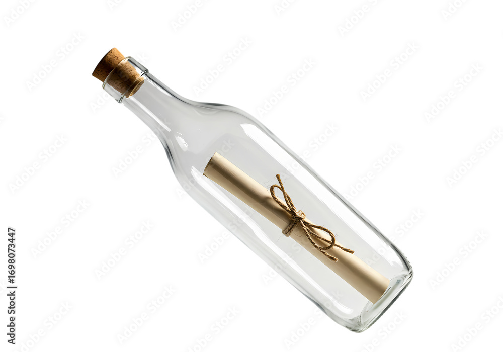 Fototapeta premium Message in a Bottle Unique Glass Bottle with Rolled Paper Note Perfect for Proposals Anniversaries or Special Occasions isolated on transparent background