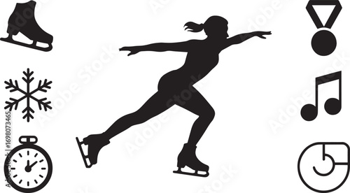 Figure Skater Silhouette Gracefully Gliding with Skates, Medal, and Snowflake on Clear View