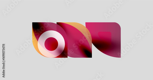 Abstract design features overlapping shapes, vibrant colors. Red, orange, white create dynamic visual impact. Modern aesthetic.