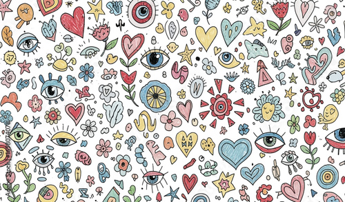 Colorful Doodle Pattern with Hearts, Eyes, and Flowers.