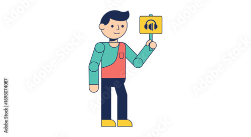 Cheerful animated character presenting a yellow sign with a headphone icon, embodying the concept of accessible audio content, musical entertainment, or a helpful sound guide