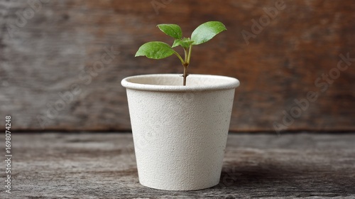 Small Green Plant Growing in White Pot on Rustic Wooden Background