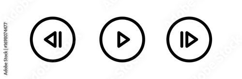 Media player icons set, rewind button, play symbol, fast forward sign, multimedia control collection, audio video interface, simple outline design, Vector illustration