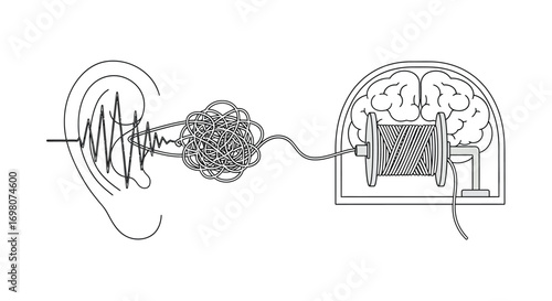 Conceptual illustration depicting the intricate cognitive process of transforming chaotic auditory input into clear, organized, and understandable information within the human brain