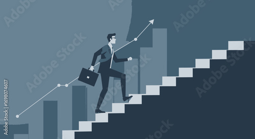 A businessman with a briefcase climbs a staircase a graph of progressgrowth ascends behind him