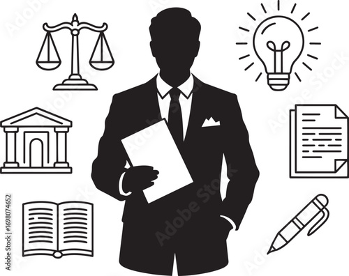 Lawyer Silhouette with Legal Icons Symbolizing Justice, Knowledge, and Innovative Solutions