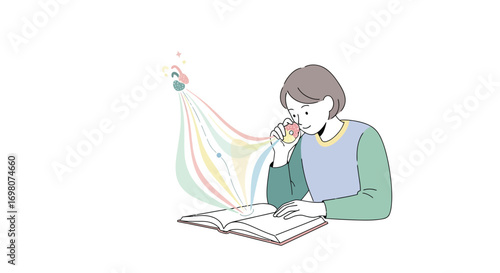 A vibrant concept A person engrossed in reading, unlocking colorful streams of imagination and knowledge, symbolizing the power of learning and discovery