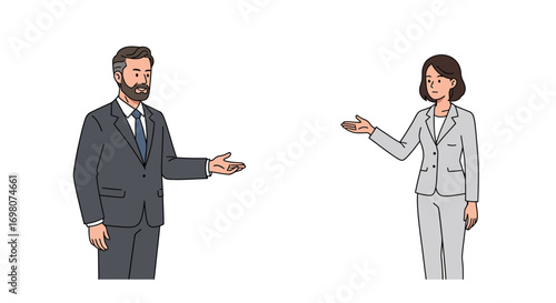 A man and woman in suits are standing apart facing each other with their hands open