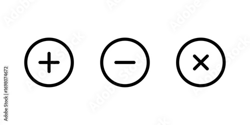 Circle button icons set, plus symbol, minus sign, cross mark, user interface collection, media control elements, simple outline design, minimal black icons, Vector illustration