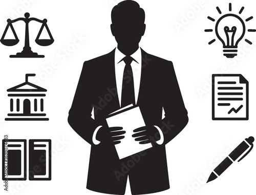 Lawyer Silhouette with Legal Symbols Representing Justice, Knowledge, and Legal Expertise