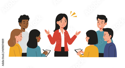 A woman presents to a diverse group two attendees take notes on a white background