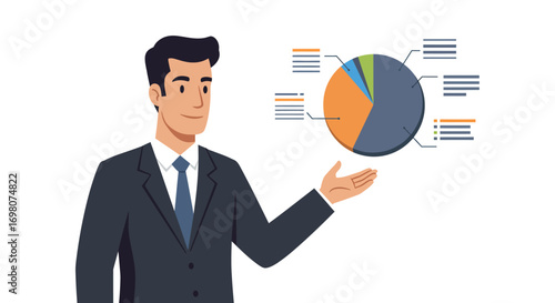Animated businessman presents a pie chart wearing a suit and tie pointing to the data