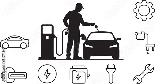 Man Refueling Electric Car with Automotive Icons on Transparent Background Vector Art