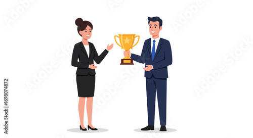 Cartoon business figures exchange a trophy the man in a blue suit is handing it to a woman in black