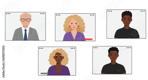 Five portraits appear as video calls showcasing diverse individuals on a light background