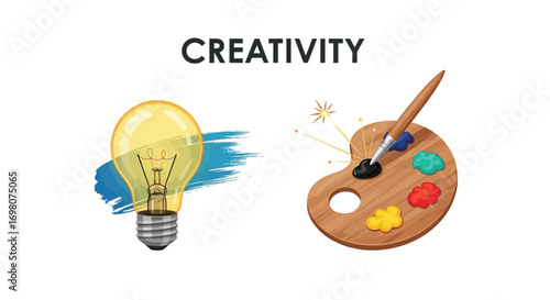 Conceptual illustration of creativity, showing the fusion of a bright idea, represented by a lightbulb, and artistic expression using a painter's palette