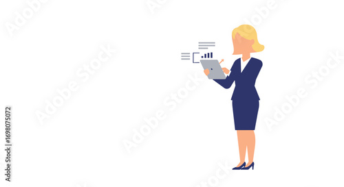 Flat vector graphic blond businesswoman in blue suit reviewing data on a tablet