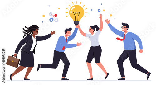 Four diverse businesspeople celebrate holding an idea lightbulb