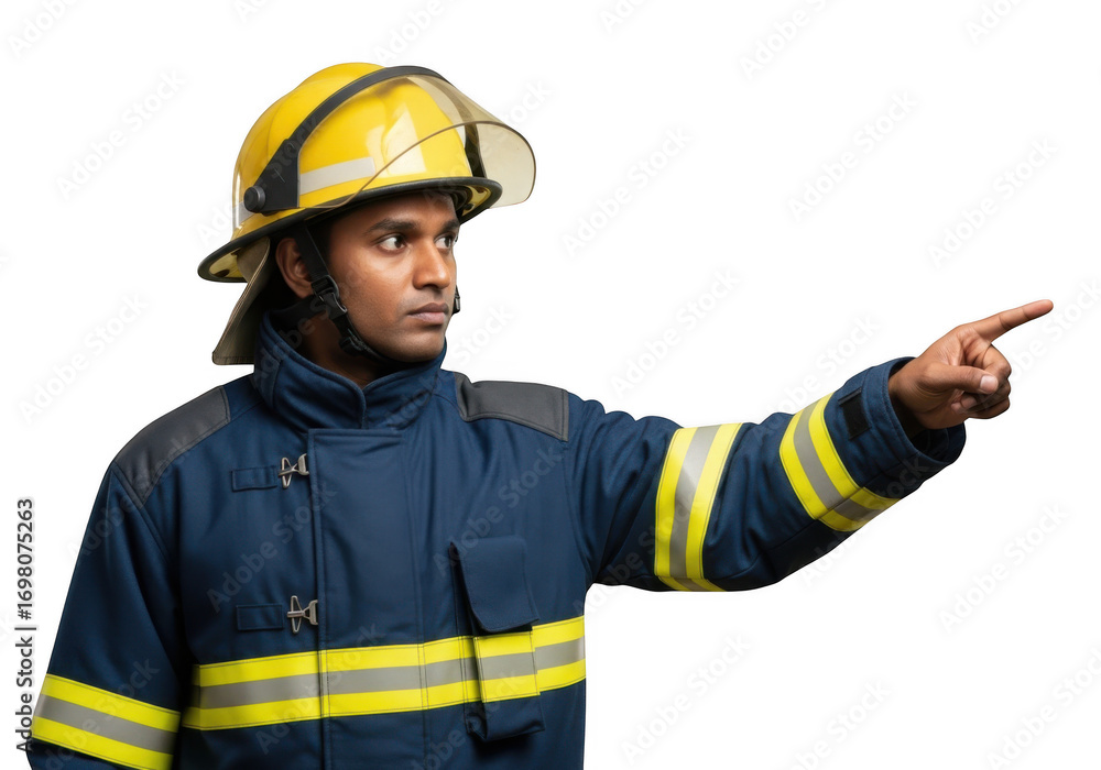 Fototapeta premium Firefighter pointing rescue emergency safety hero uniform profession job occupation fireman isolated on transparent background