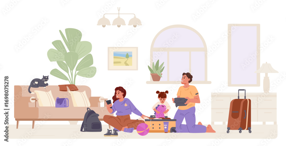 Fototapeta premium Happy family with little daughter packing a suitcase at home flat vector illustration. Woman checking list on the phone, girl putting toy into suitcase, man standing on knees with clothes in his arms.