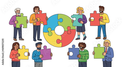 Diverse individuals come together, each contributing their unique piece to form a complete and harmonious puzzle, symbolizing unity, collaboration, and shared problem-solving towards common goals