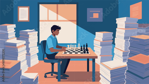 illustration of a young man playing chess sitting in a room full of piles of documents vector design template