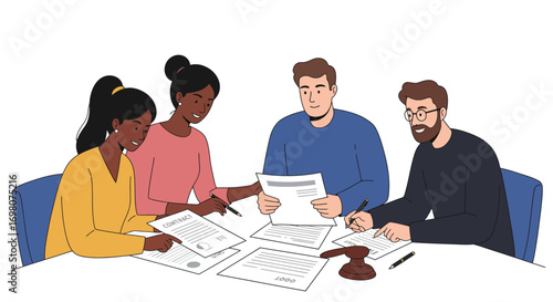 Four people sit at a table signing documents A gavel rests among the papers