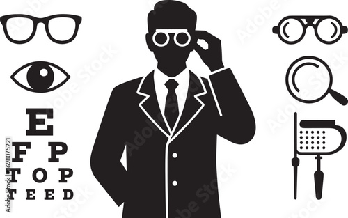 Optometrist Silhouette with Eye Chart, Glasses, and Eye Exam Equipment Vector Illustration