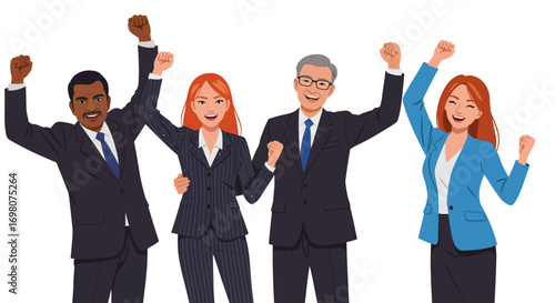 Four smiling business people in suits stand with fists raised in a celebratory pose