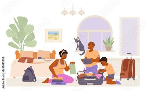 Happy African American family packing a suitcase on the floor at home flat vector illustration. 
