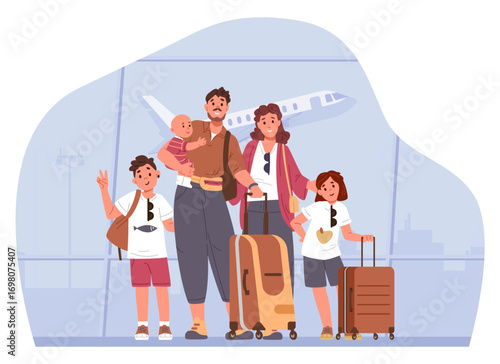 Happy family with three kids standing with suitcase at airport terminal flat vector illustration.