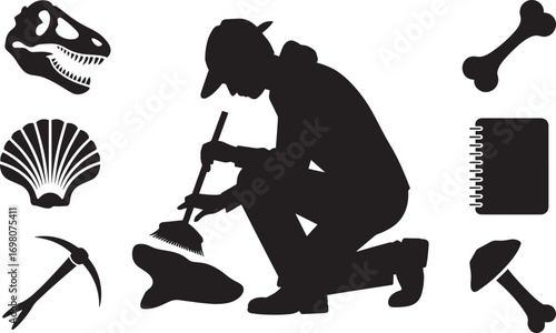 Paleontologist Excavating Fossils Silhouette Vector Illustration on Transparent Background