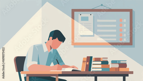 illustration of a young man studying at a table full of books vector design template