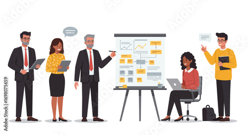 Office scene Six diverse professionals collaborate around a flip chart with diagrams and notes