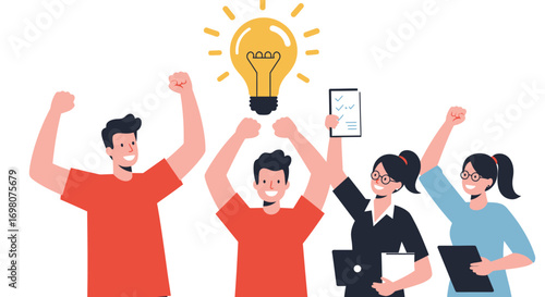 People celebrate under a lightbulb with raised arms and a checklist symbolizing success