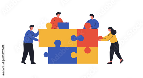 People assembling a fourpiece jigsaw puzzle two men on top one man left one woman right