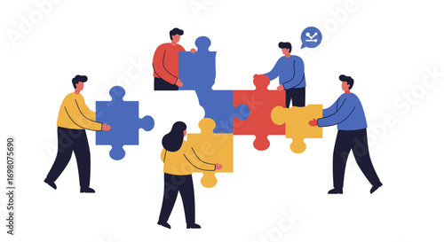 People collaborate fitting colorful puzzle pieces together symbolizing teamwork connection and achieving shared goals