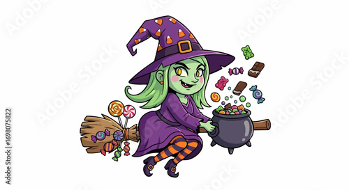 Cute cartoon Halloween witch flying on a broom with a cauldron of candy.
