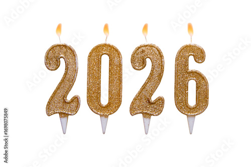 2026. Candles isolated on a transparent background, png. Happy new year 2026. Christmas card banner with golden decorative candles. Mockup.