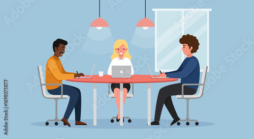 Three people sit at a round table with laptops in a light blue room with lamps