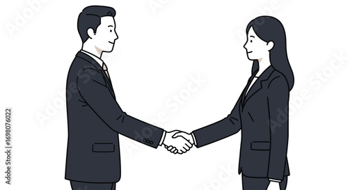 Two businesspeople in suits shake hands in an illustration isolated against a white background