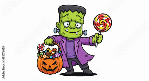 Cartoon Frankenstein monster with pumpkin basket and lollipop for Halloween.
