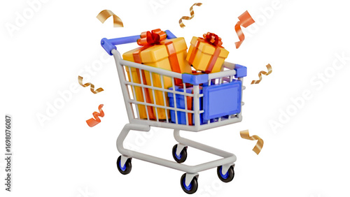 Shopping cart full of gifts isolated on transparent background, surrounded by confetti for a festive celebration