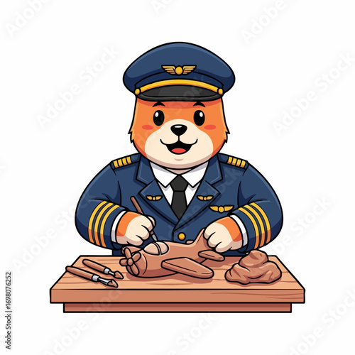 Cute cartoon fox pilot working on a model airplane.